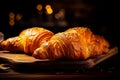 Delicious croissants with chicken filling on a black table