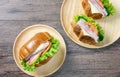 Delicious croissants sandwich with fresh Ham, cheese, tomato, cucumber, lettuce and Sub sandwich with fresh salad, Ham , cheese. Royalty Free Stock Photo