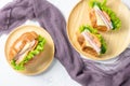 Delicious croissants sandwich with fresh Ham, cheese, tomato, cucumber, lettuce and Sub sandwich with fresh salad, Ham , cheese Royalty Free Stock Photo