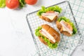 Delicious croissants sandwichs with fresh Ham, cheese, tomato, cucumber, lettuce and Sub sandwich with fresh salad, Ham , cheese. Royalty Free Stock Photo