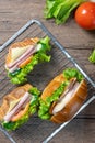 Delicious croissants sandwichs with fresh Ham, cheese, tomato, cucumber, lettuce and Sub sandwich with fresh salad, Ham , cheese. Royalty Free Stock Photo