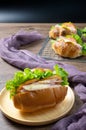 Delicious croissants sandwichs with fresh Ham, cheese, tomato, cucumber, lettuce and Sub sandwich with fresh salad, Ham , cheese. Royalty Free Stock Photo