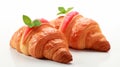 Delicious Croissants With Strawberry And Mint Leaves On White Background