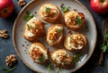 Delicious crostini appetizers topped with brie, apples Royalty Free Stock Photo