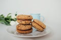 Delicious crumbly sandwich cookies Baci di Dama or Lady kisses with chocolate filling Royalty Free Stock Photo