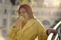 A delicious crunchy apple. Little girl biting into juicy green apple. Cute child eating apple fruit on sunny day. Small Royalty Free Stock Photo