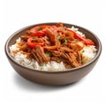 Delicious Cuban Ropa Vieja with Rice in a Bowl on White Background. Perfect for Restaurant Menus and Food Blogs.