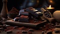 Delicious culinary background with crushed dark chocolate pieces and cocoa beans Royalty Free Stock Photo