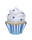 Delicious cupcake in blue and white striped trays with cream topping