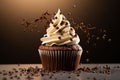 Delicious cupcake with chocolate frosting on table and dark background Royalty Free Stock Photo