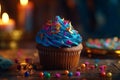 Delicious cupcake decorated with blue frosting and glittery sprinkles. Generative AI