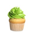 Delicious cupcake decorated with green cream isolated. Birthday treat Royalty Free Stock Photo