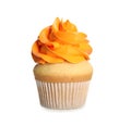 Delicious cupcake decorated with orange cream isolated. Birthday treat Royalty Free Stock Photo