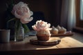 Delicious cupcake decorated with pink frosting and peonie flower. Generative AI