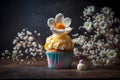 Delicious cupcake with flowers, illustration ai generative