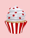 Delicious cupcake in red and white striped molds with cream topping