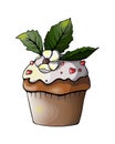 delicious cupcake with strawberry blossom and milk frosting with fruit hearts and balls on a white background