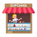 Delicious Cupcakes Booth Flat Vector Illustration