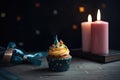 Delicious cupcakes with candles on a wooden table. A cupcake with a birthday candle on it and a gift on the side, AI Generated Royalty Free Stock Photo