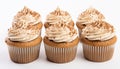 Delicious cupcakes with cream cheese frosting and cinnamon, beautifully presented on white table.