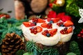 Delicious cupcakes with different berries in Christmas decoration Royalty Free Stock Photo