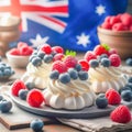 Delicious cupcakes with fresh blueberry and raspberry fruits, national flag for Australia Day Royalty Free Stock Photo