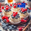 Delicious cupcakes with fresh blueberry and raspberry fruits, national flag for Australia Day Royalty Free Stock Photo