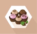 Delicious cupcakes set. Sweet dessert chocolate lavender flavors Vector illustration Royalty Free Stock Photo