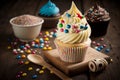 Delicious cupcakes with sprinkles and decorations