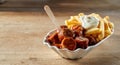 Delicious curried sausage chunks with fries and sauces in bowl Royalty Free Stock Photo