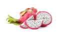 Delicious cut and whole dragon fruits pitahaya on background