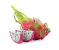 Delicious cut and whole dragon fruits pitahaya on background