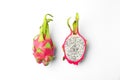 Delicious cut and whole dragon fruits pitahaya on white background