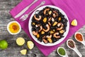 Delicious Cuttlefish ink black noodles with prawns and mussels Royalty Free Stock Photo