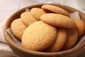 Delicious Danish butter cookies in bowl, closeup