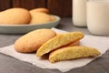 Delicious Danish butter cookies on grey table, closeup