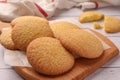 Delicious Danish butter cookies on white wooden table, closeup Royalty Free Stock Photo