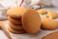 Delicious Danish butter cookies on wooden board, closeup