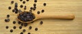 Delicious dark chocolate drops in wooden spoon Royalty Free Stock Photo