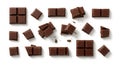Delicious dark chocolate pieces scattered on a white background top view Royalty Free Stock Photo