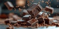 Delicious dark chocolate squares floating in rich, dynamic scene