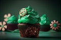 Delicious decorated cupcakes on green background. St. Patrick\'s Day concept. Generative ai