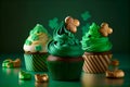 Delicious decorated cupcakes on green background. St. Patrick\'s Day concept. Generative ai