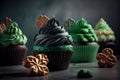 Delicious decorated cupcakes on grey table. St. Patrick\'s Day celebration, generative ai