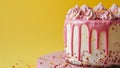 A delicious, delicate cake on a yellow background with pink icing. A birthday dessert that looks beautiful and