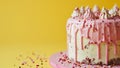 A delicious, delicate cake on a yellow background with pink icing. A birthday dessert that looks beautiful and