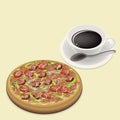 Delicious Deluxe Pizza on Dish with Hot Coffee