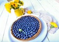 Delicious dessert blueberry tart with fresh berries, sweet tasty cheesecake, berry, bog bilberry, whortleberry pie Royalty Free Stock Photo