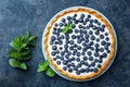 Delicious dessert blueberry tart with fresh berries and whipped cream, sweet tasty cheesecake, berry pie Royalty Free Stock Photo