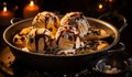 A delicious dessert with creamy ice cream and crumbly cookies. A pan filled with ice cream and cookies Royalty Free Stock Photo